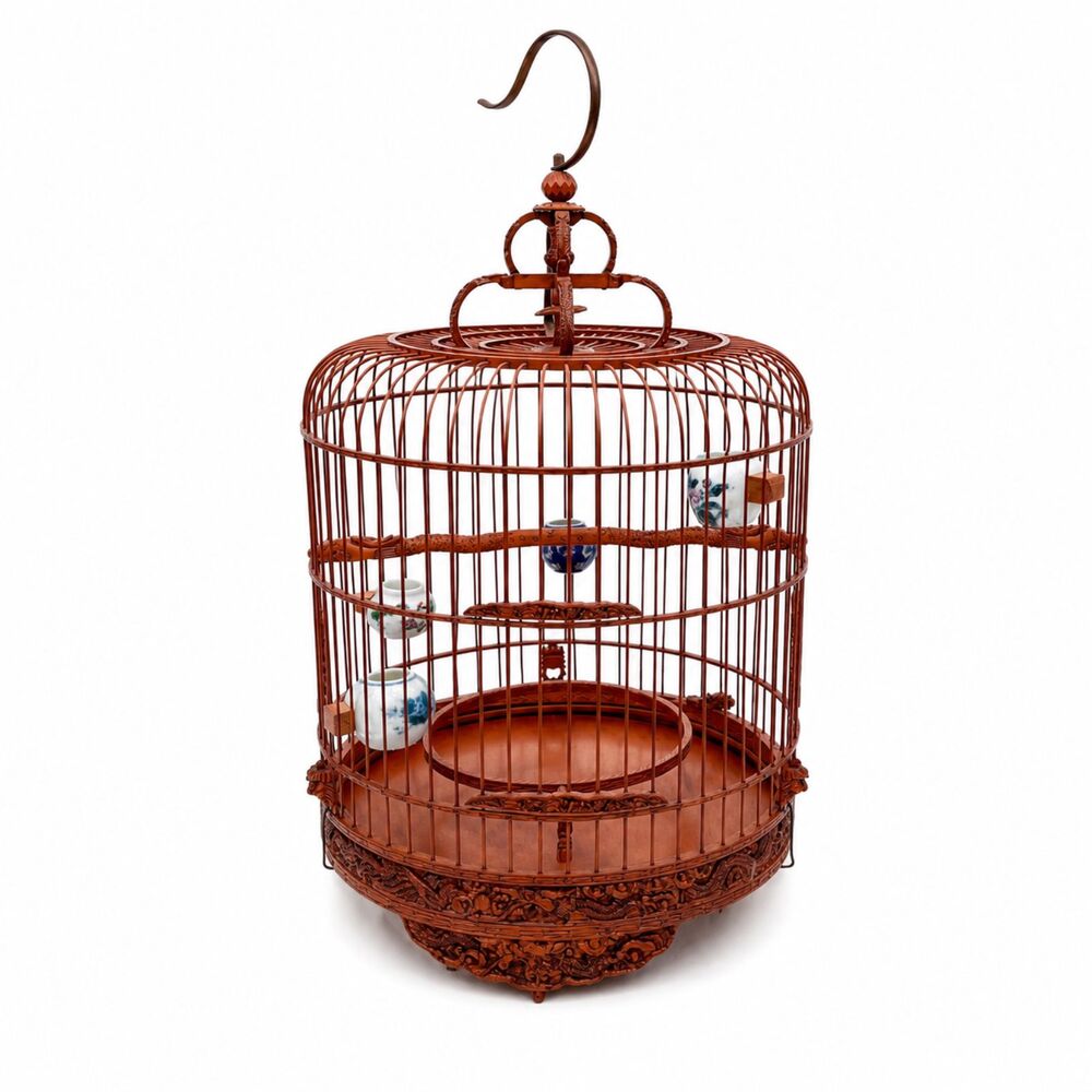 Vintage Chinese Bamboo Bird Cage Cantonese Thrush Blue White Ceramic Pots